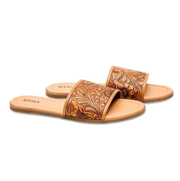 New! Myra Hand-Tooled Brown Leather Slide Sandals - Picture 3 of 9